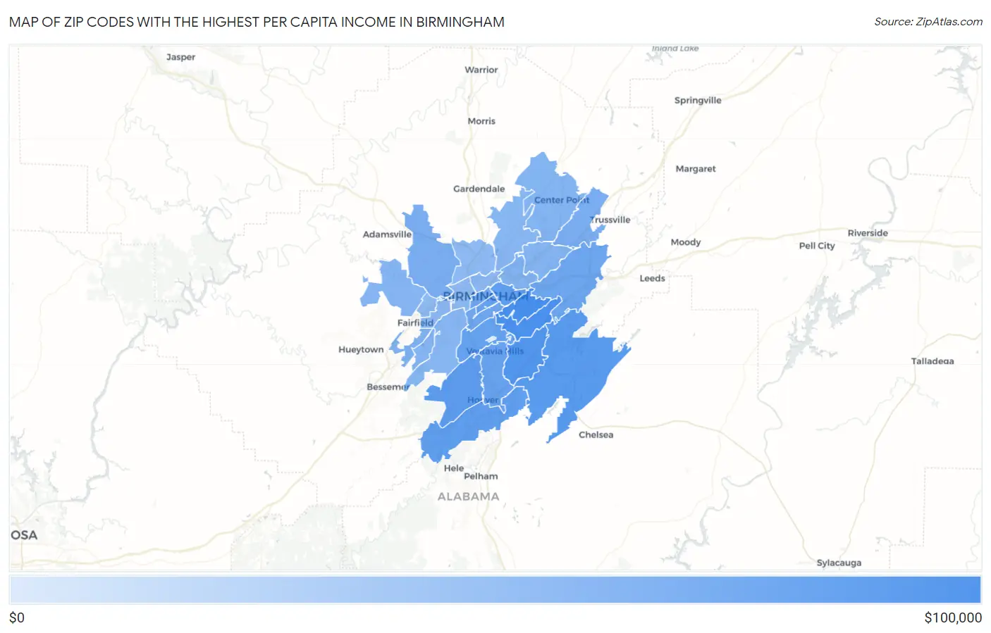Zip Codes with the Highest Per Capita Income in Birmingham Map