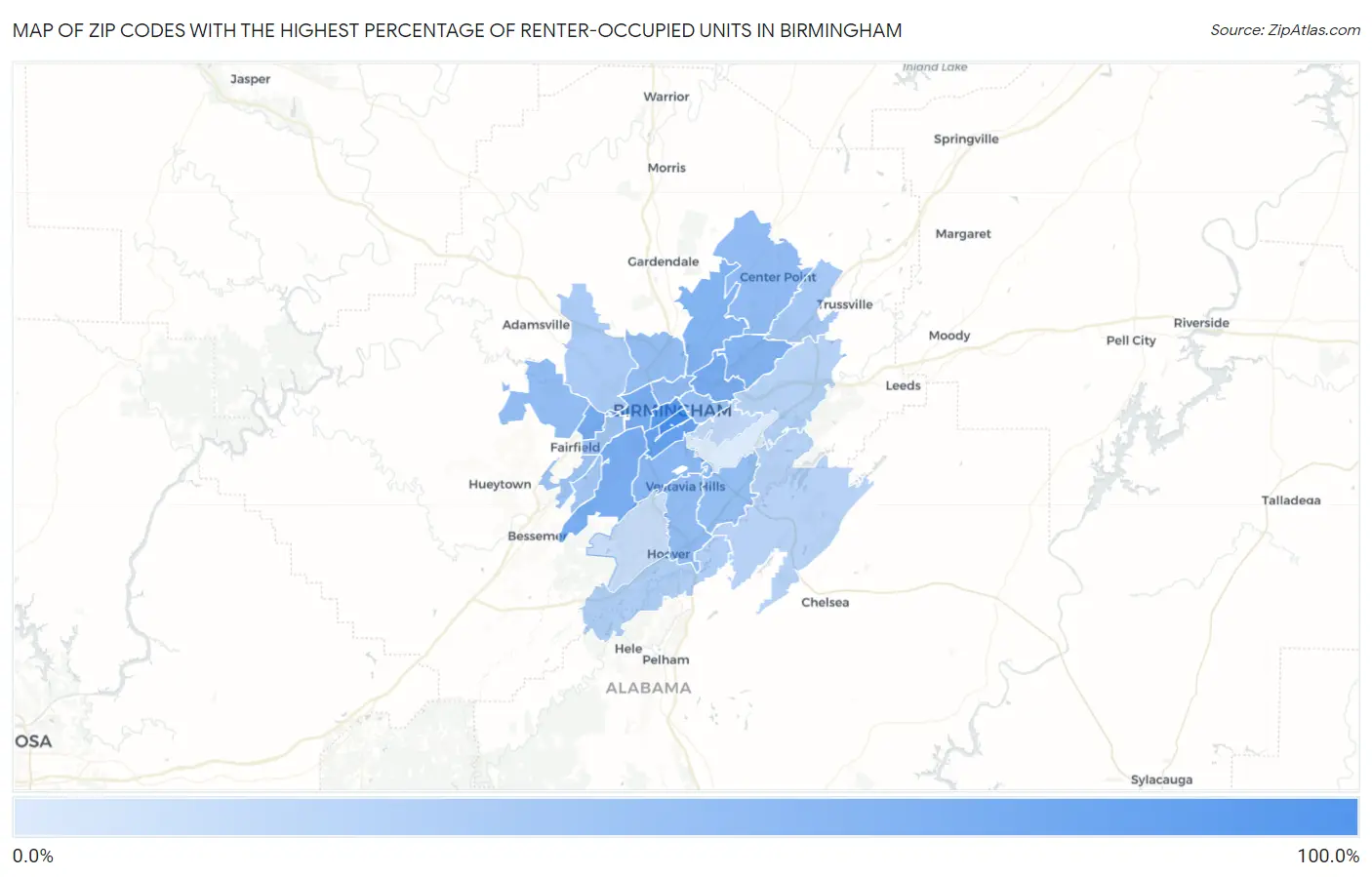 Zip Codes with the Highest Percentage of Renter-Occupied Units in Birmingham Map