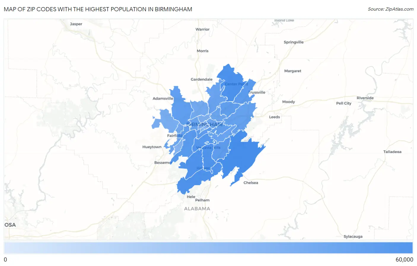 Zip Codes with the Highest Population in Birmingham Map
