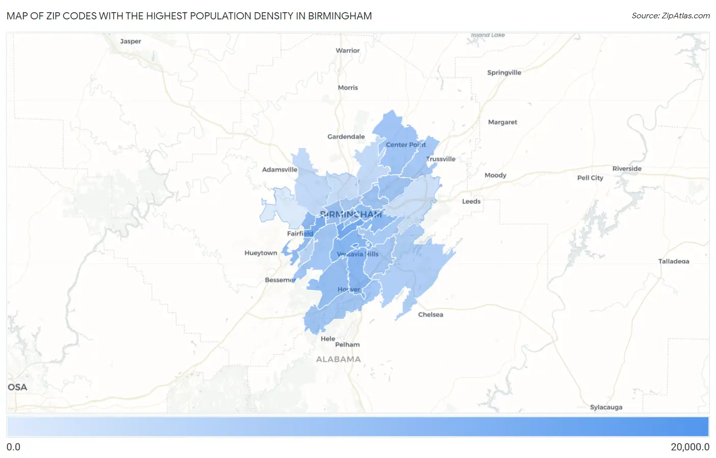 Zip Codes with the Highest Population Density in Birmingham Map