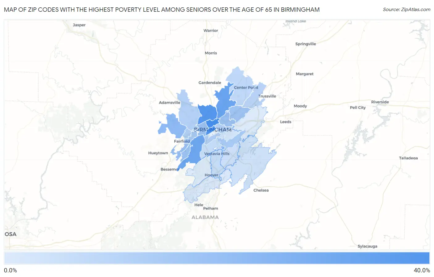 Zip Codes with the Highest Poverty Level Among Seniors Over the Age of 65 in Birmingham Map