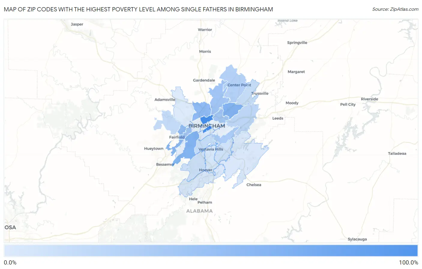 Zip Codes with the Highest Poverty Level Among Single Fathers in Birmingham Map