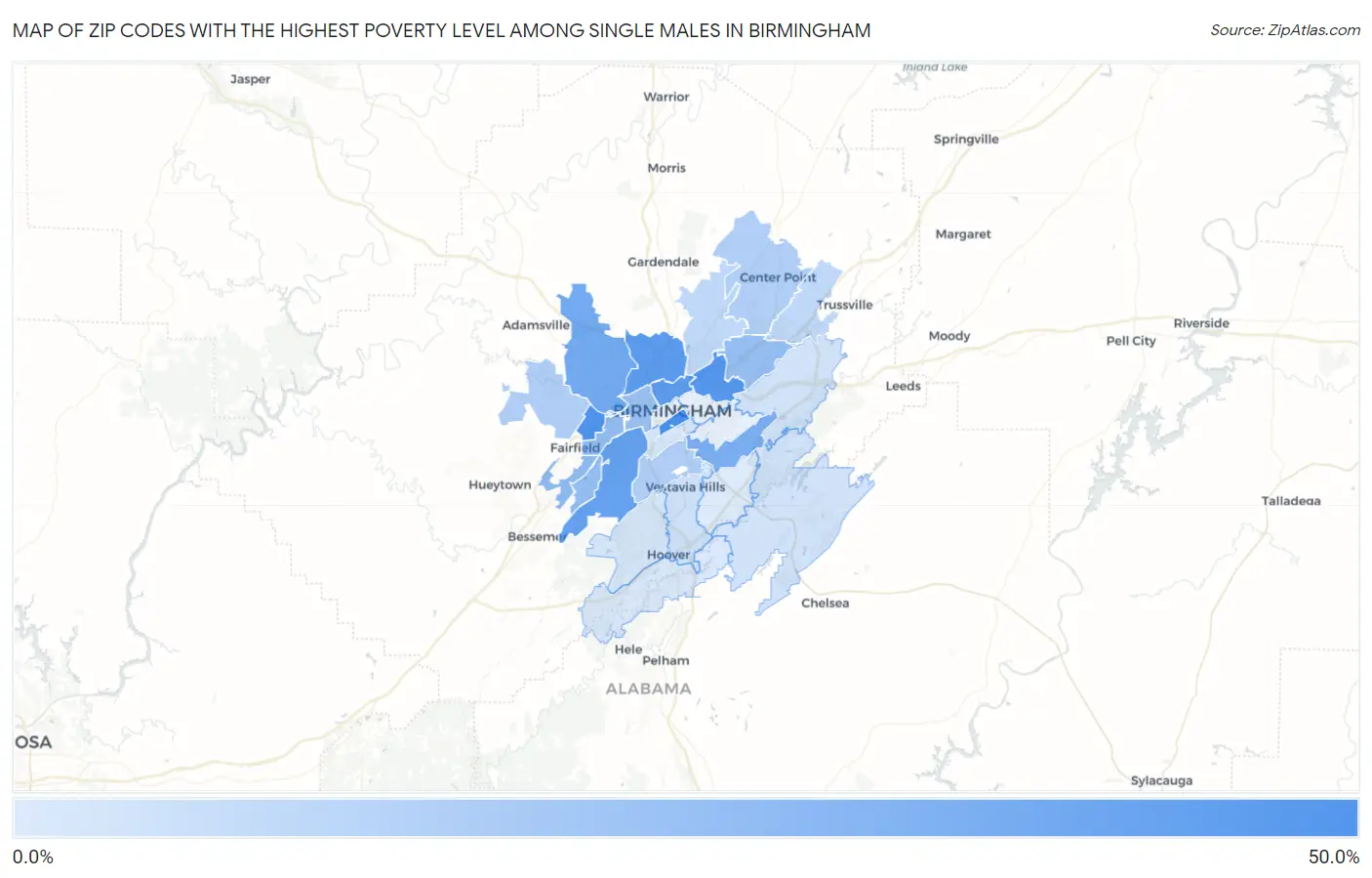 Zip Codes with the Highest Poverty Level Among Single Males in Birmingham Map