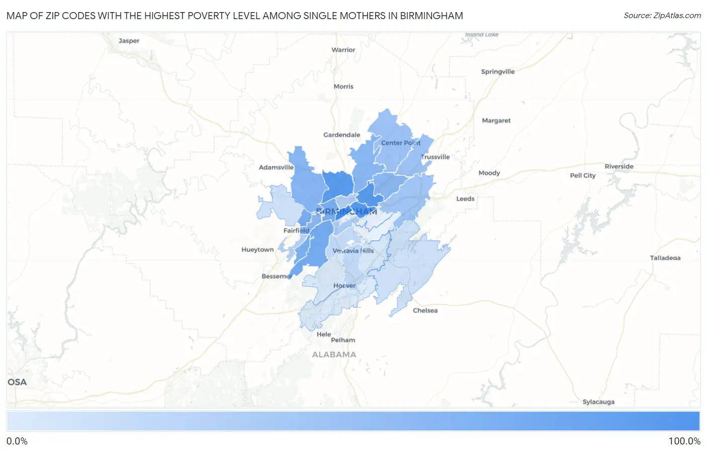 Zip Codes with the Highest Poverty Level Among Single Mothers in Birmingham Map