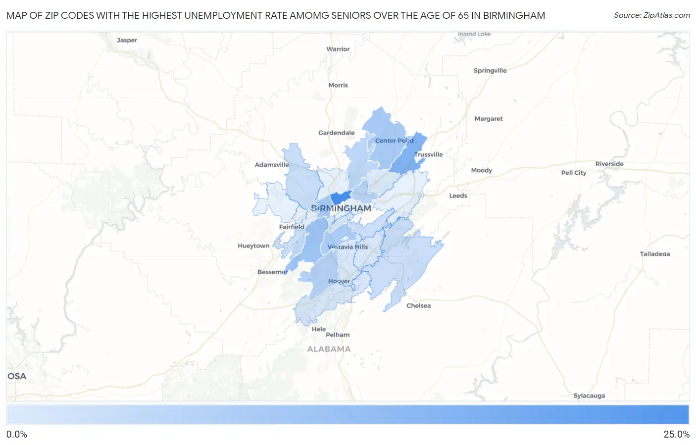 Zip Codes with the Highest Unemployment Rate Amomg Seniors Over the Age of 65 in Birmingham Map