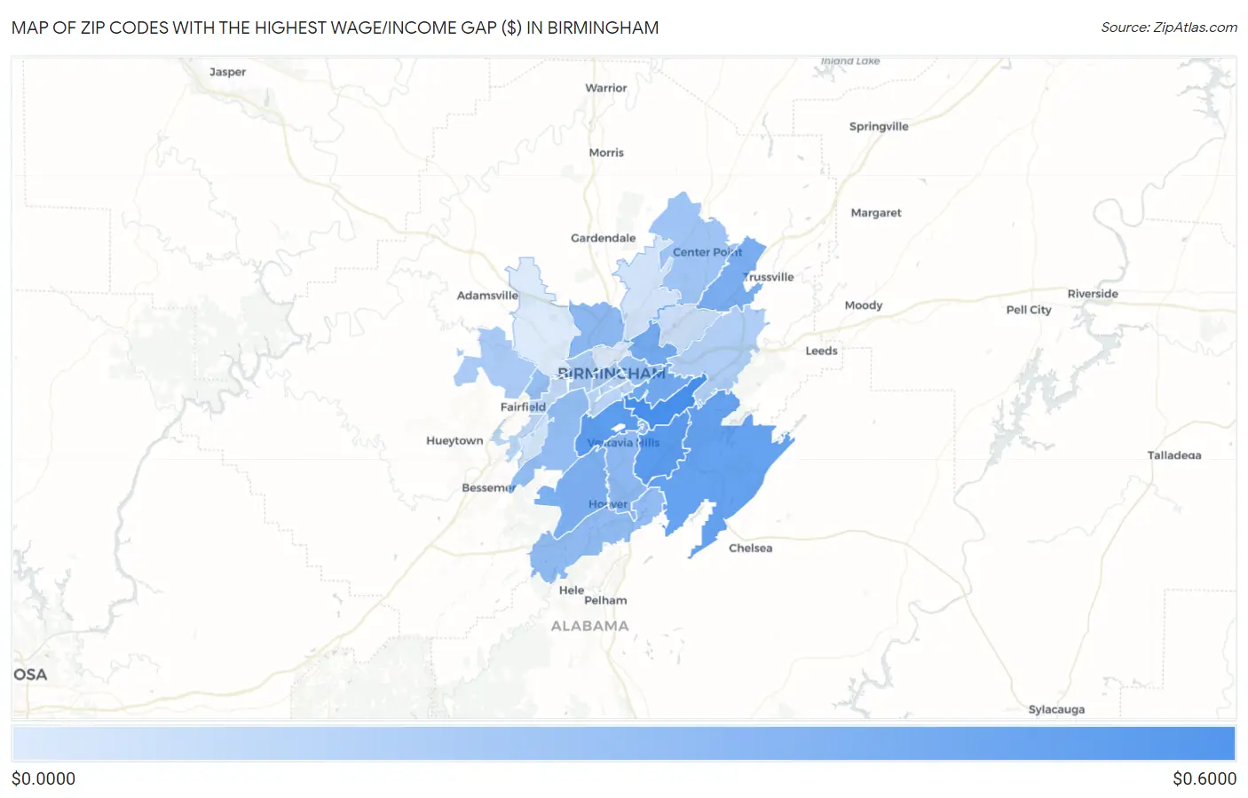 Zip Codes with the Highest Wage/Income Gap ($) in Birmingham Map