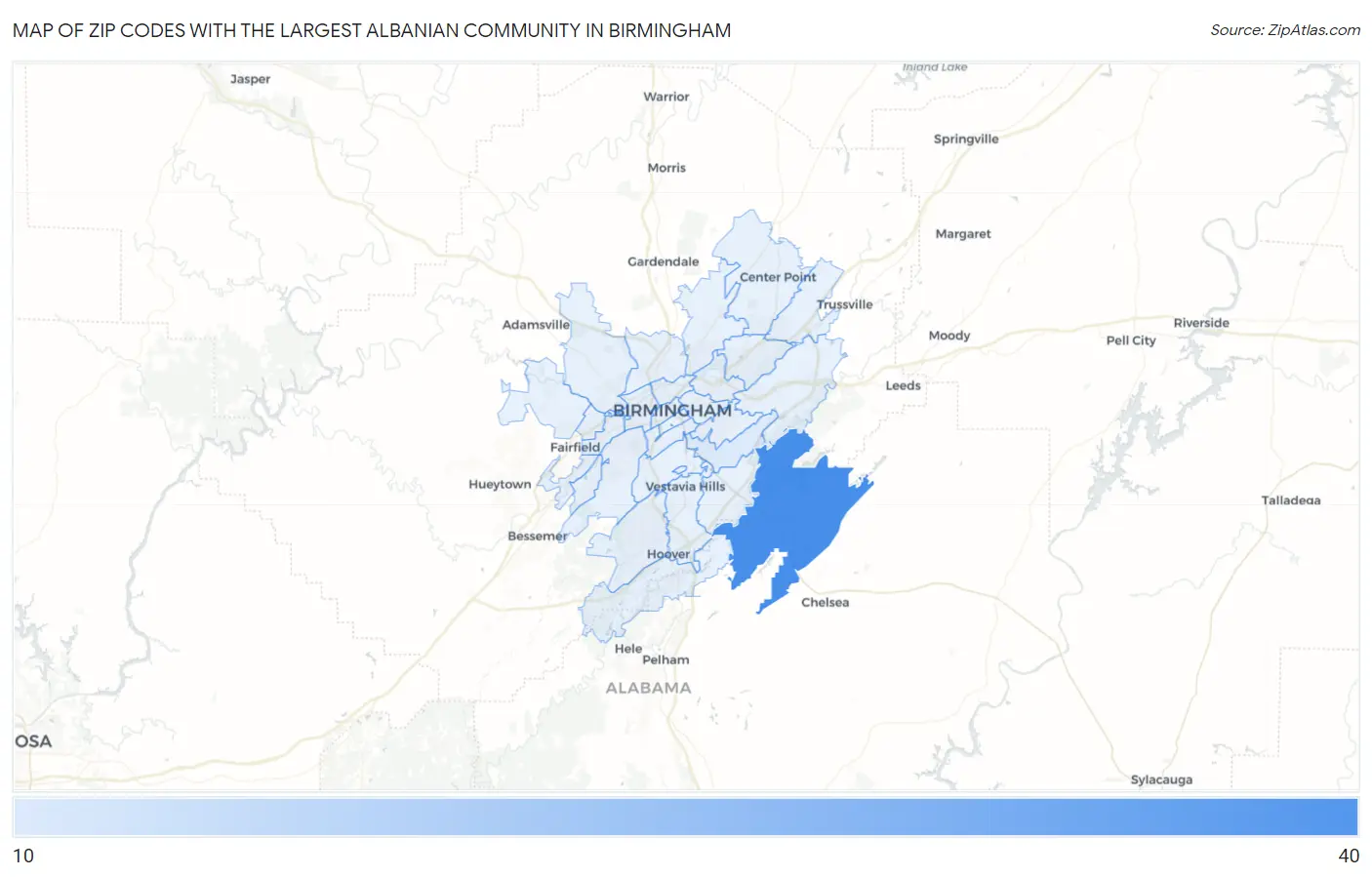 Zip Codes with the Largest Albanian Community in Birmingham Map