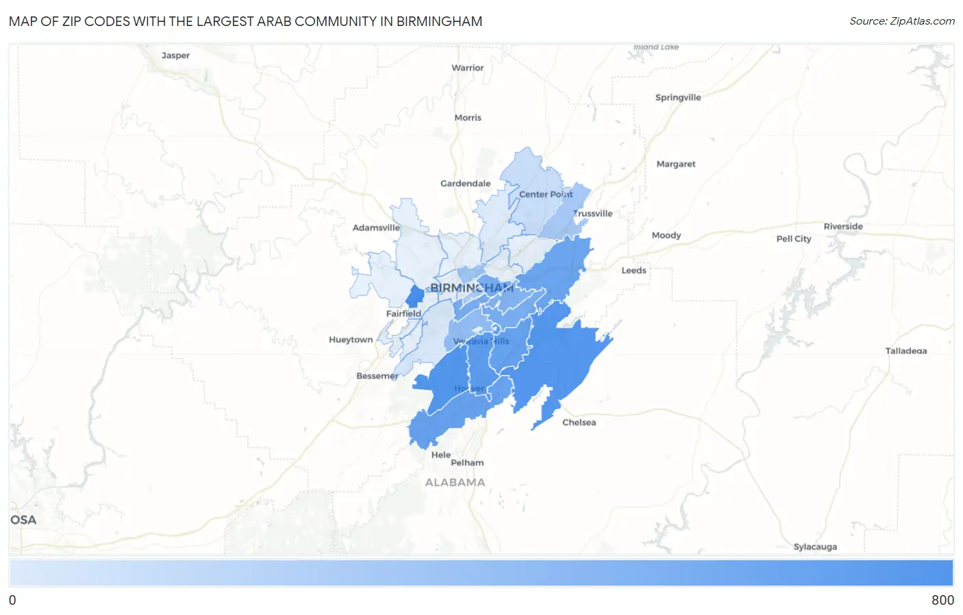 Zip Codes with the Largest Arab Community in Birmingham Map