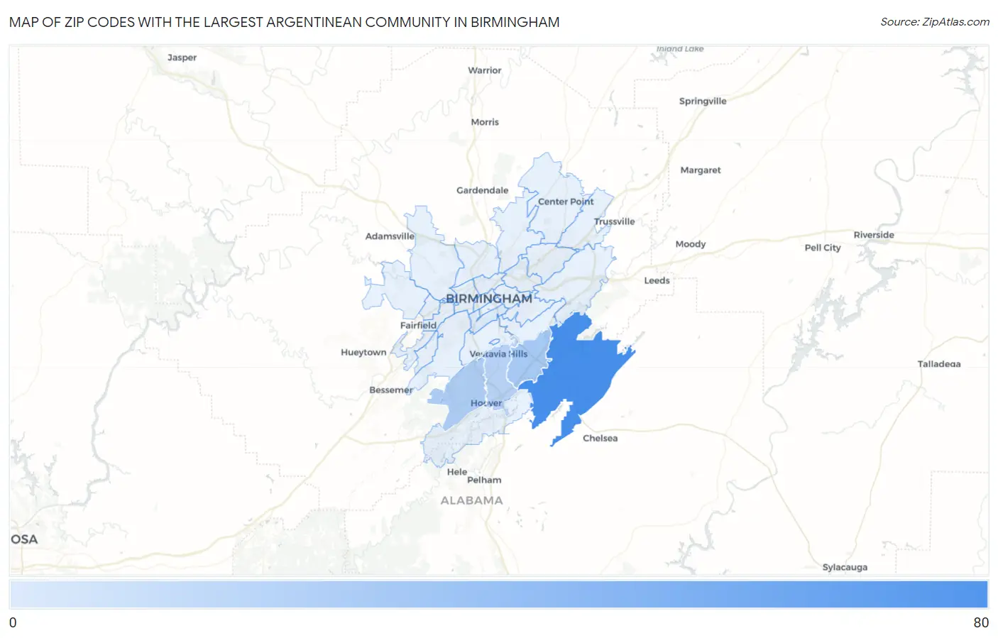 Zip Codes with the Largest Argentinean Community in Birmingham Map