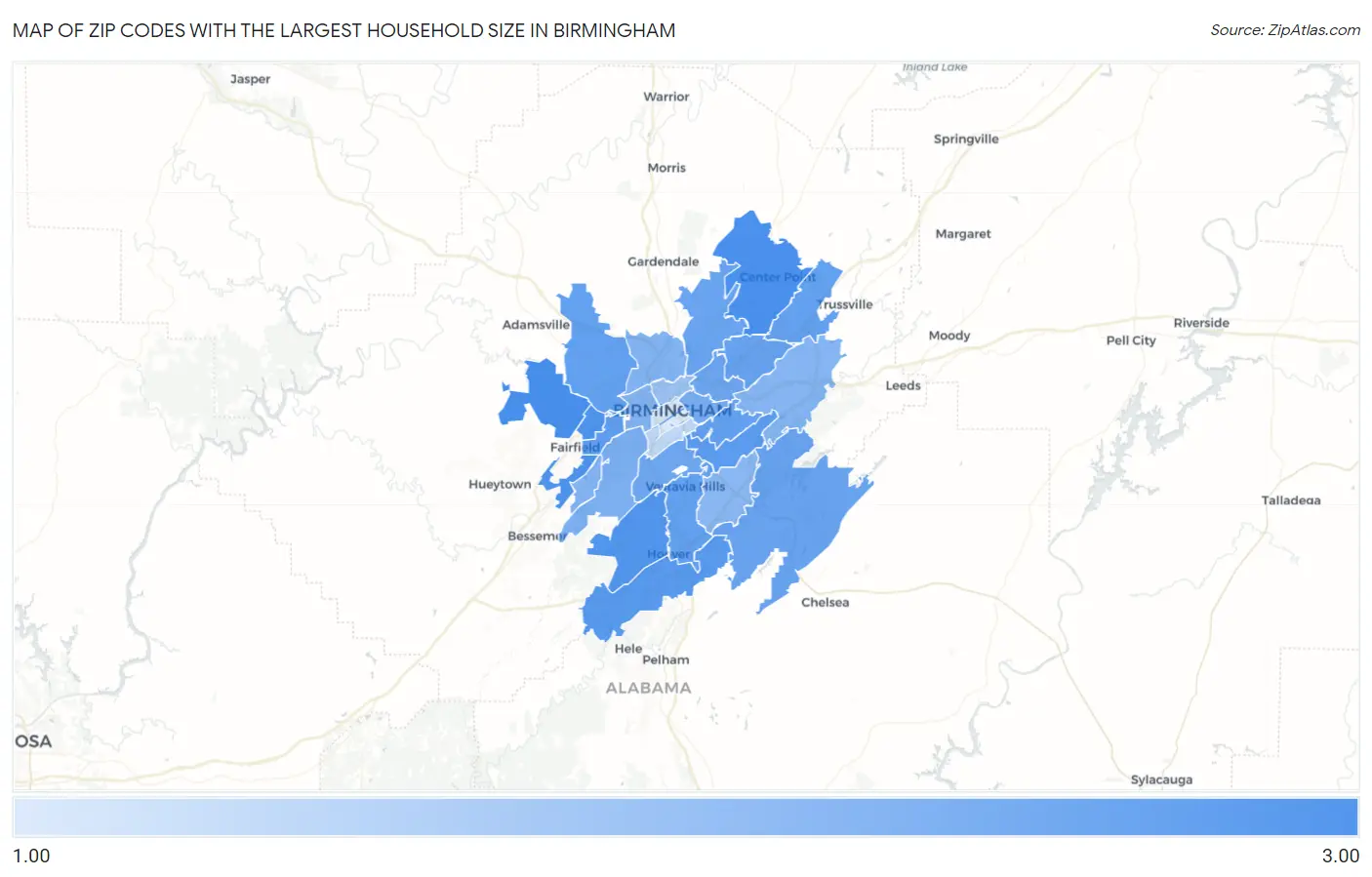 Zip Codes with the Largest Household Size in Birmingham Map