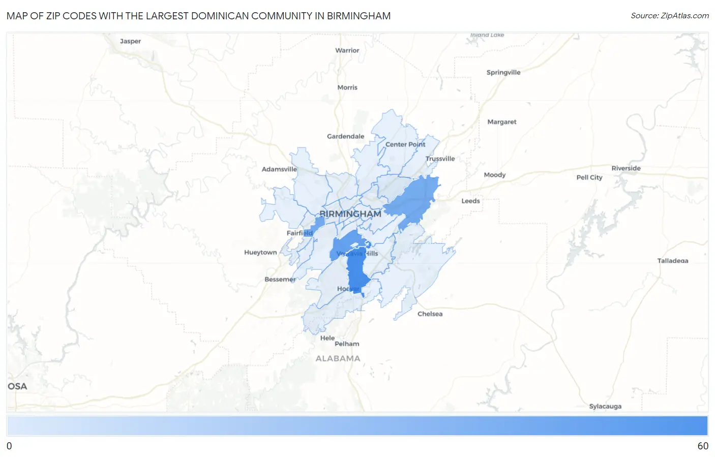 Zip Codes with the Largest Dominican Community in Birmingham Map
