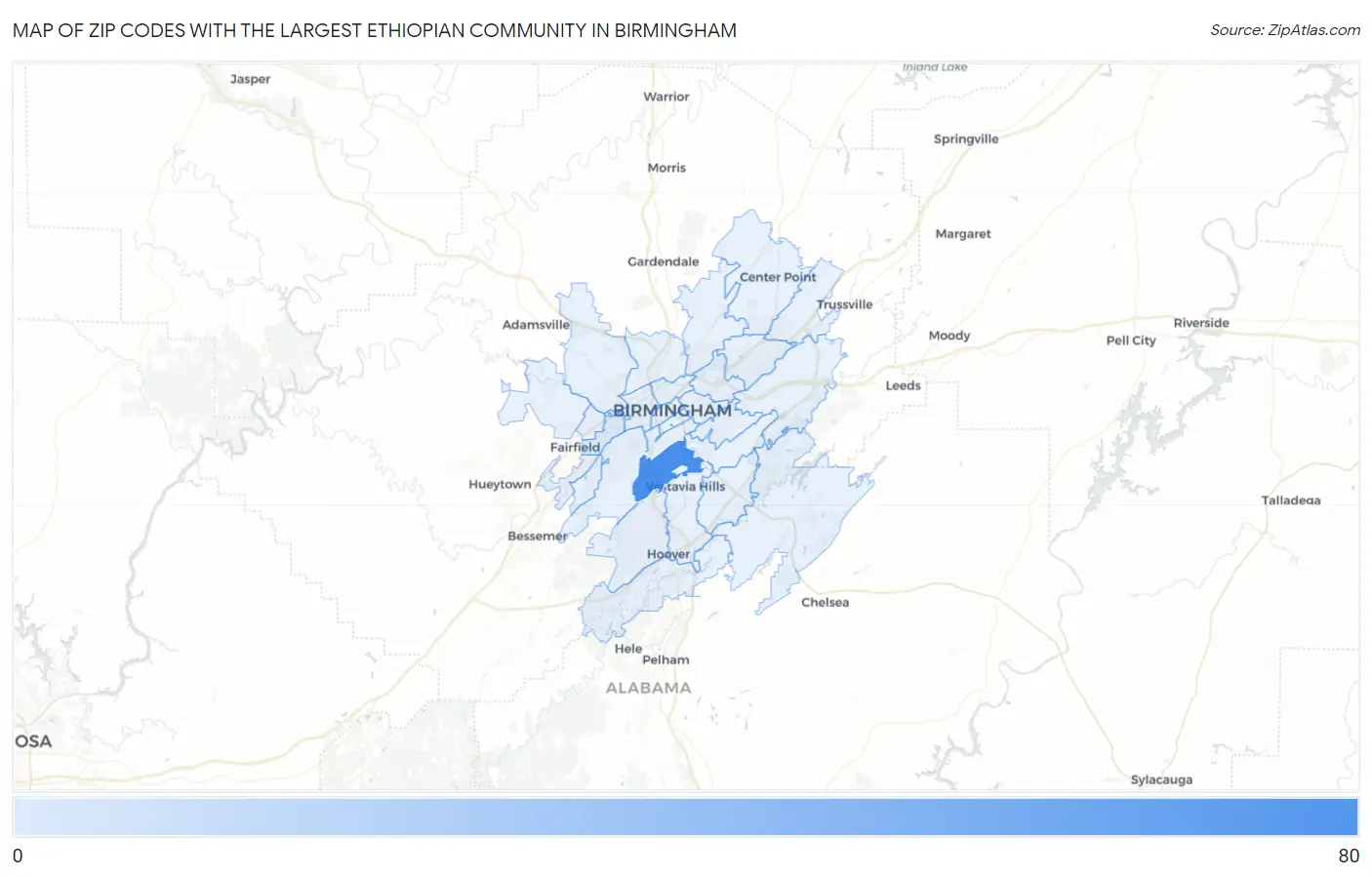 Zip Codes with the Largest Ethiopian Community in Birmingham Map