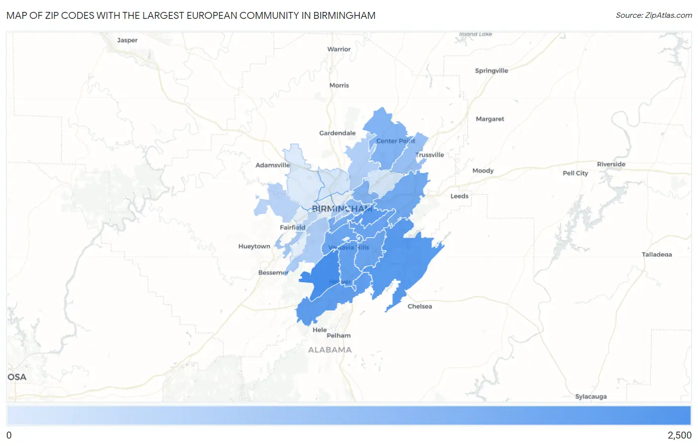Zip Codes with the Largest European Community in Birmingham Map