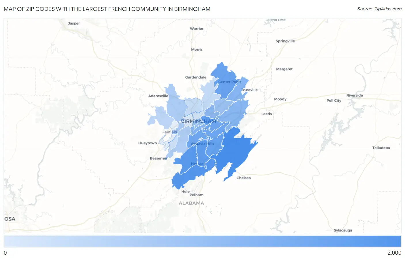 Zip Codes with the Largest French Community in Birmingham Map