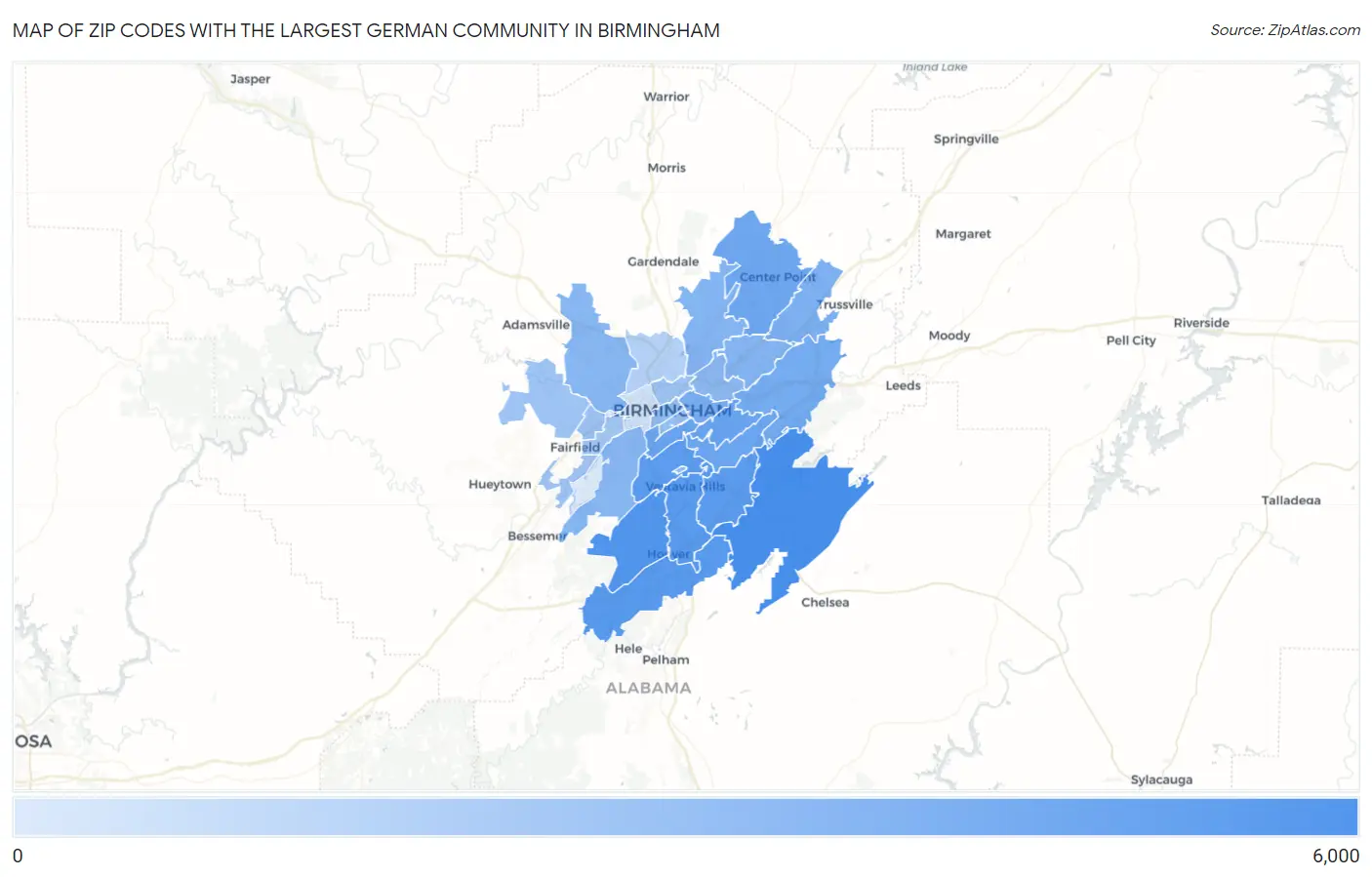 Zip Codes with the Largest German Community in Birmingham Map