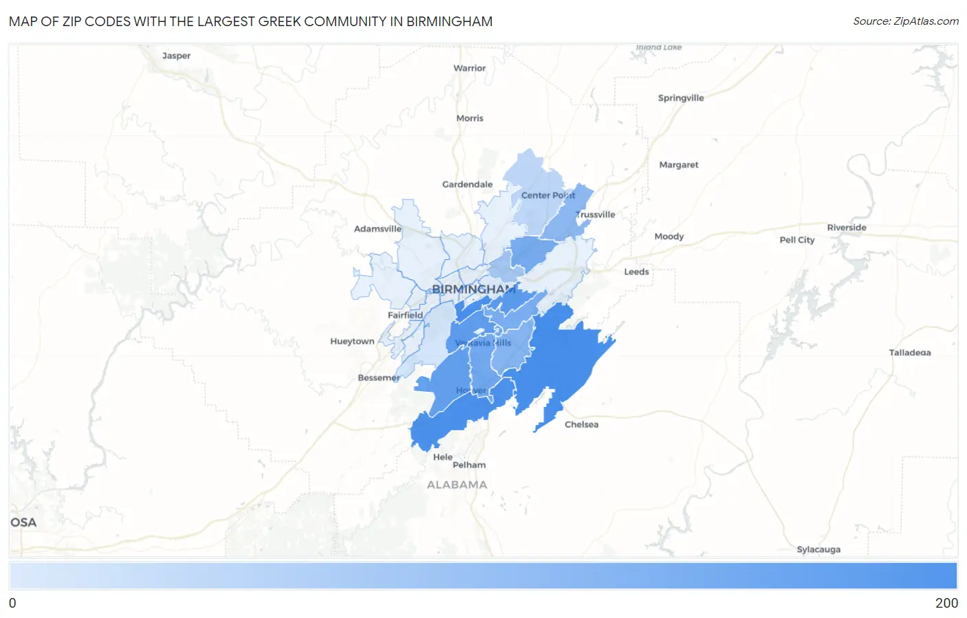 Zip Codes with the Largest Greek Community in Birmingham Map