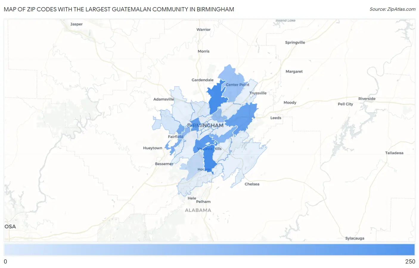 Zip Codes with the Largest Guatemalan Community in Birmingham Map