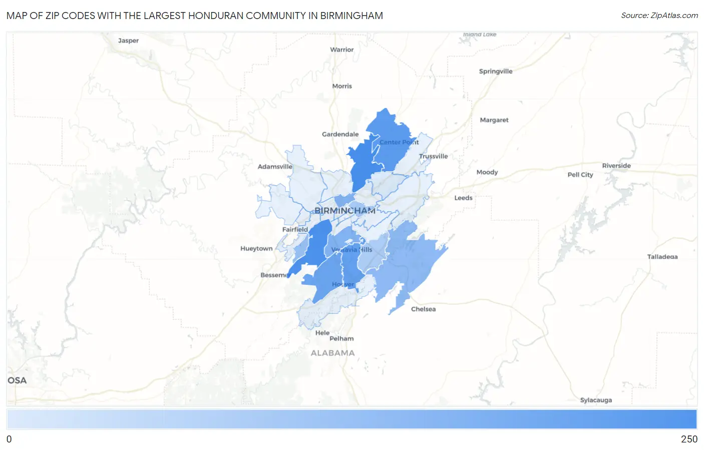 Zip Codes with the Largest Honduran Community in Birmingham Map