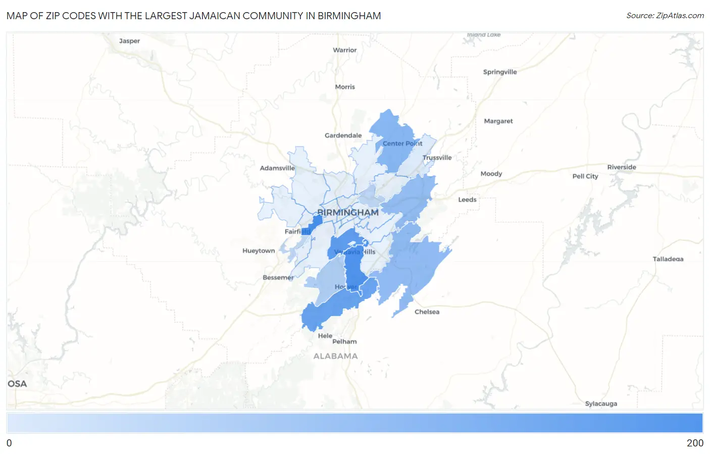 Zip Codes with the Largest Jamaican Community in Birmingham Map