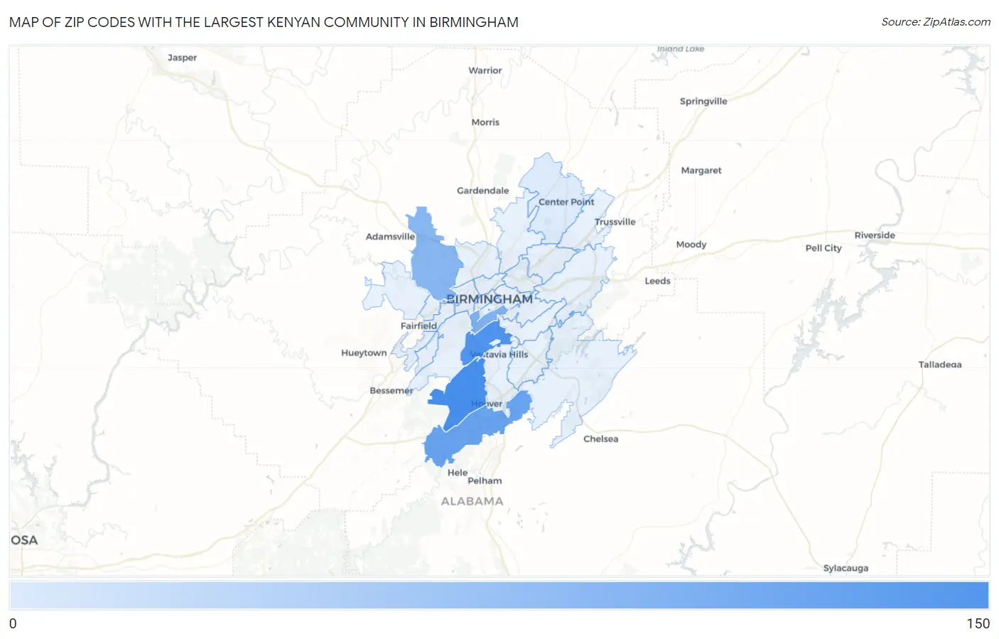 Zip Codes with the Largest Kenyan Community in Birmingham Map