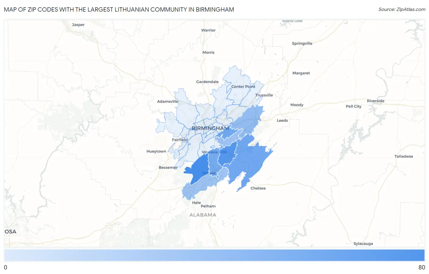 Zip Codes with the Largest Lithuanian Community in Birmingham Map