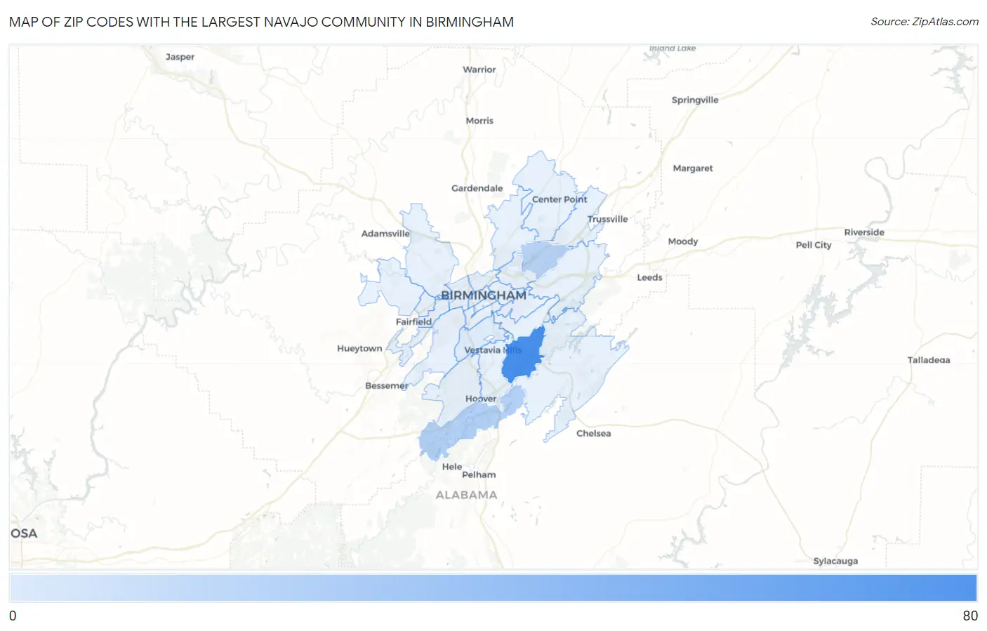 Zip Codes with the Largest Navajo Community in Birmingham Map