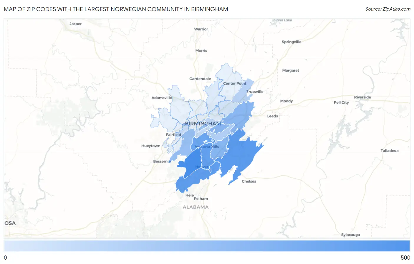Zip Codes with the Largest Norwegian Community in Birmingham Map