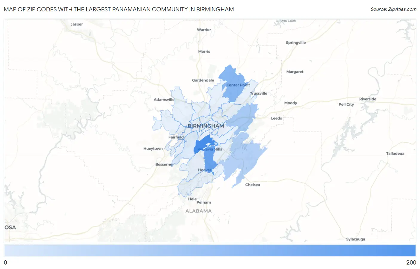 Zip Codes with the Largest Panamanian Community in Birmingham Map