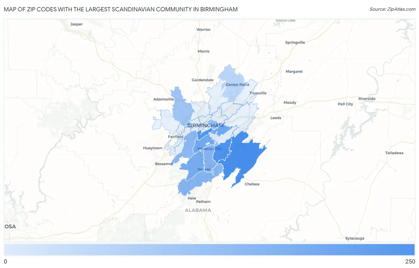 Zip Codes with the Largest Scandinavian Community in Birmingham Map