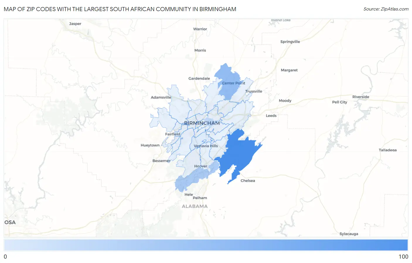Zip Codes with the Largest South African Community in Birmingham Map