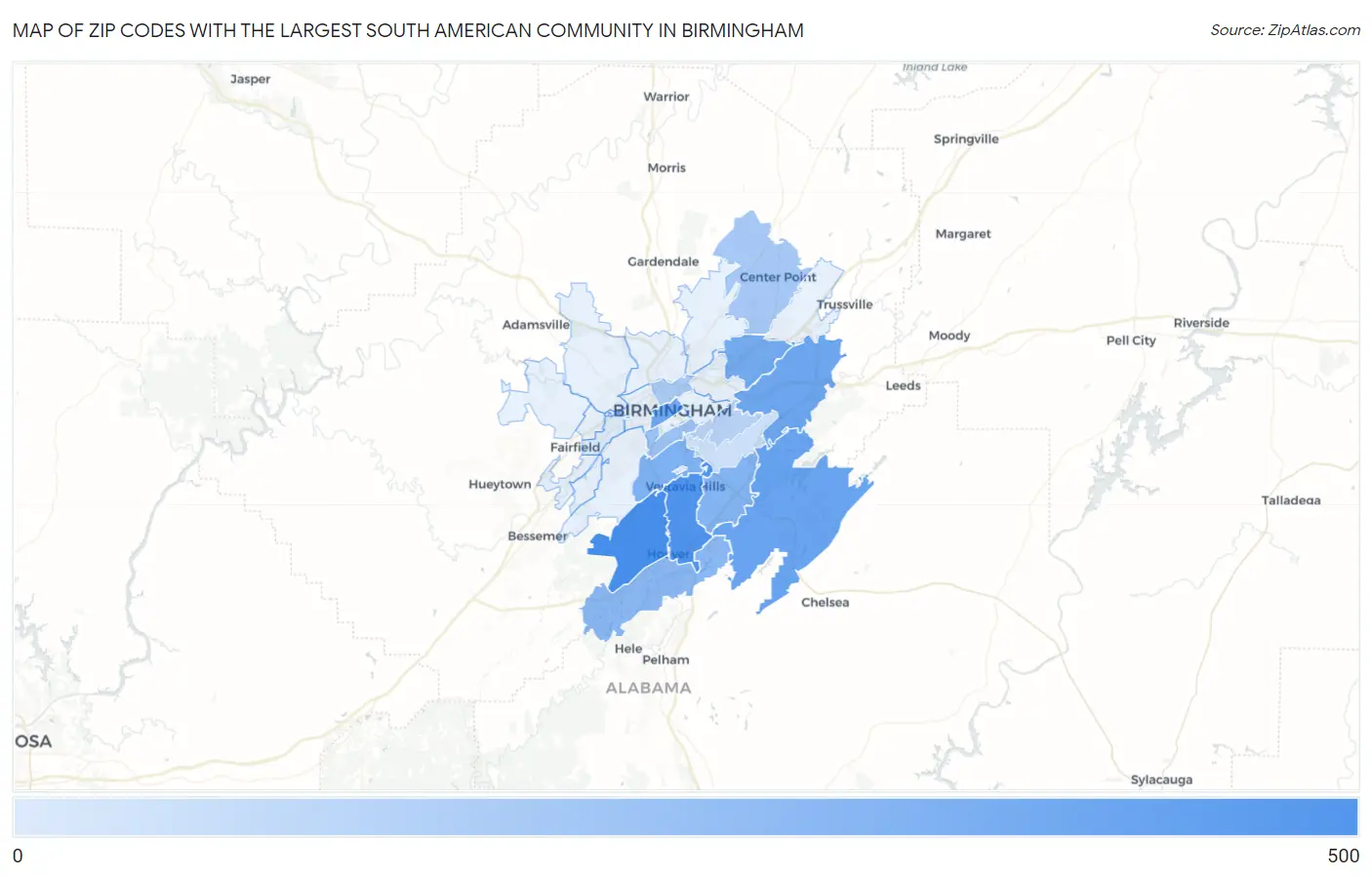 Zip Codes with the Largest South American Community in Birmingham Map