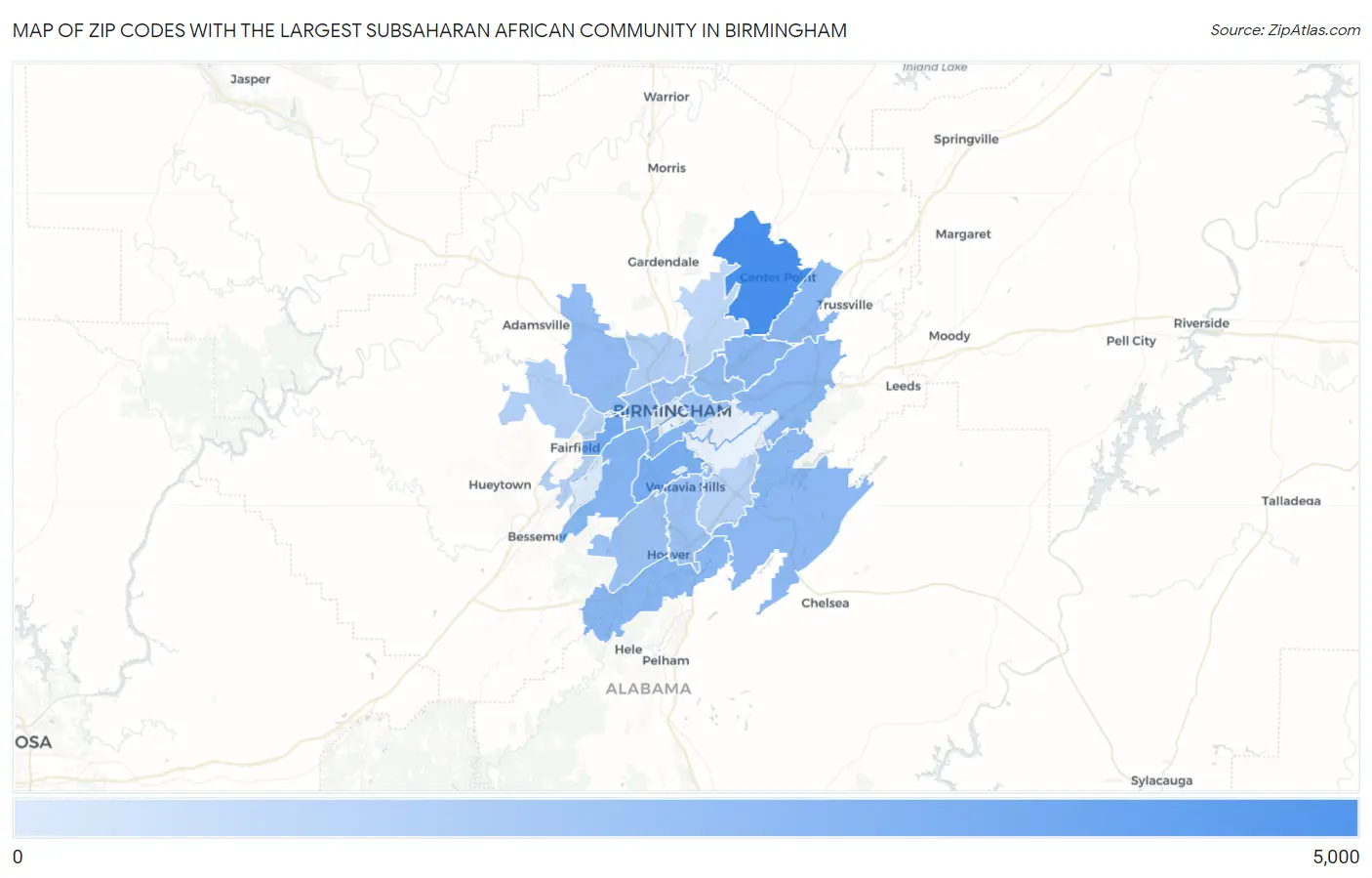 Zip Codes with the Largest Subsaharan African Community in Birmingham Map