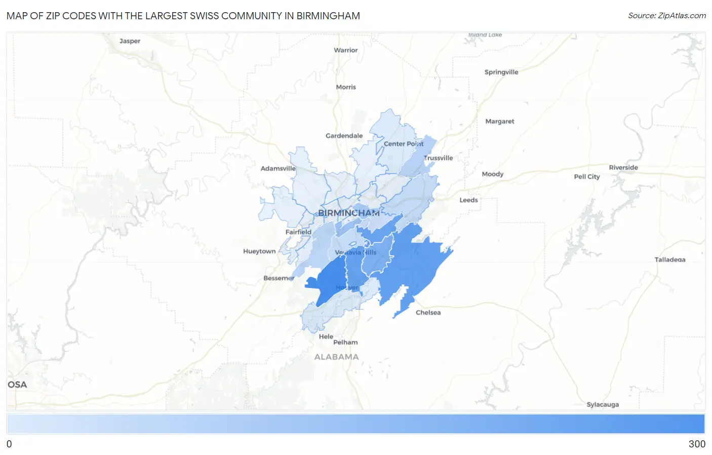 Zip Codes with the Largest Swiss Community in Birmingham Map