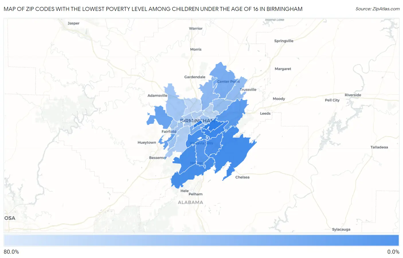 Zip Codes with the Lowest Poverty Level Among Children Under the Age of 16 in Birmingham Map