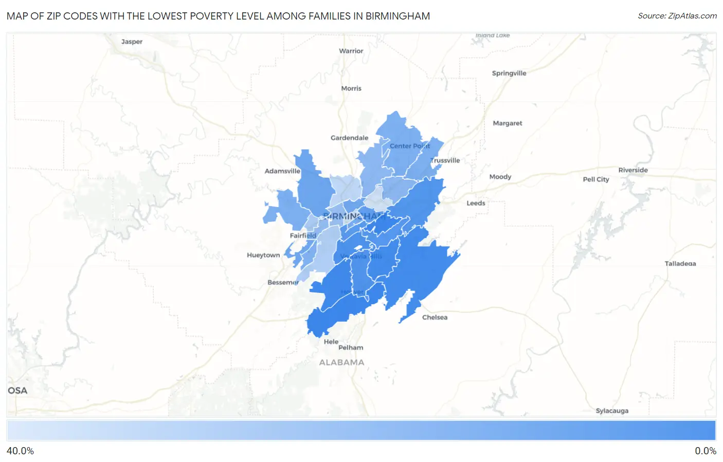 Zip Codes with the Lowest Poverty Level Among Families in Birmingham Map