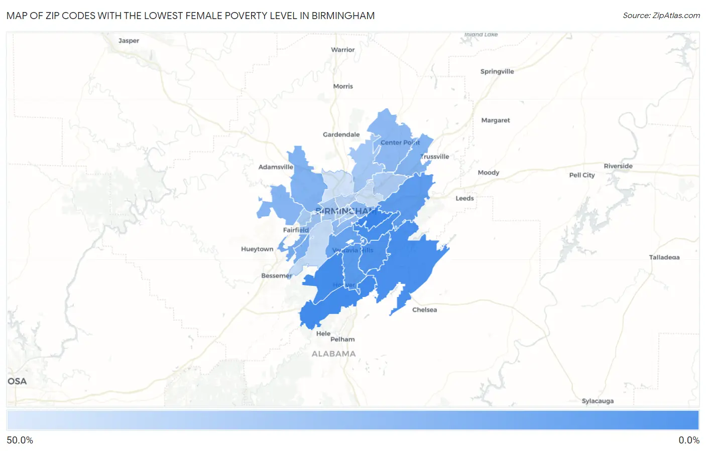 Zip Codes with the Lowest Female Poverty Level in Birmingham Map
