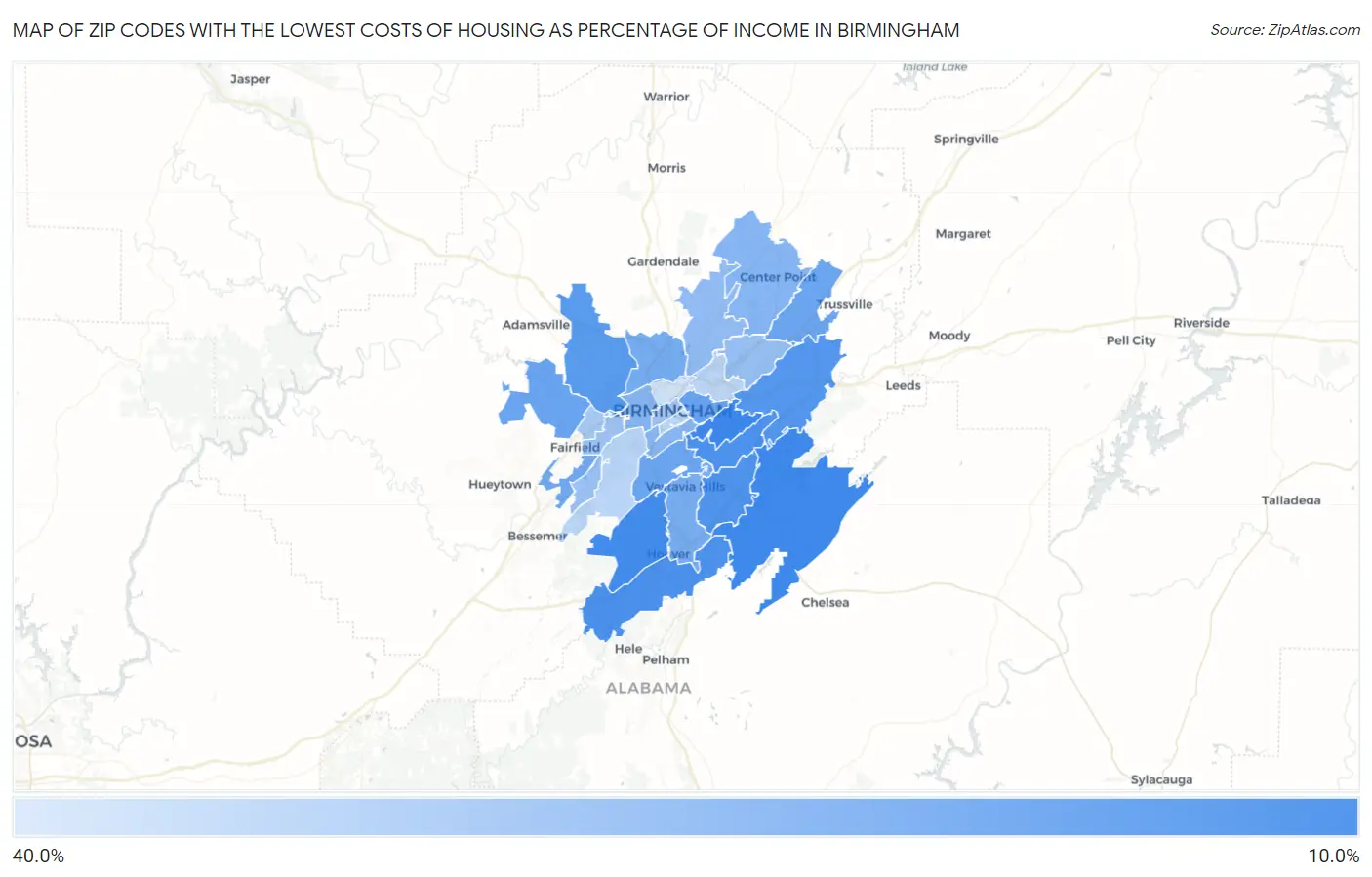 Zip Codes with the Lowest Costs of Housing as Percentage of Income in Birmingham Map