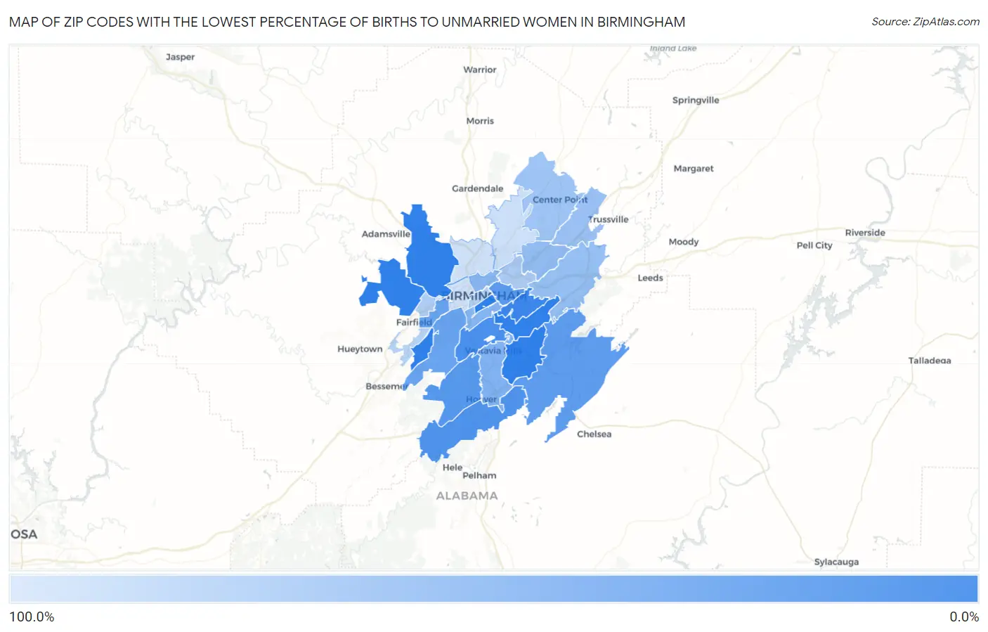 Zip Codes with the Lowest Percentage of Births to Unmarried Women in Birmingham Map