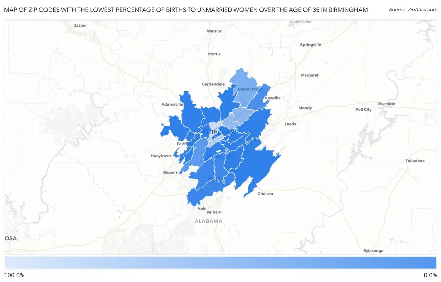 Zip Codes with the Lowest Percentage of Births to Unmarried Women over the Age of 35 in Birmingham Map
