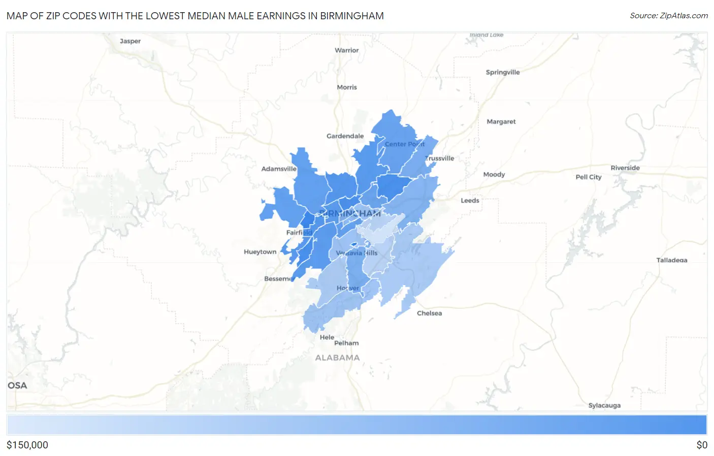 Zip Codes with the Lowest Median Male Earnings in Birmingham Map