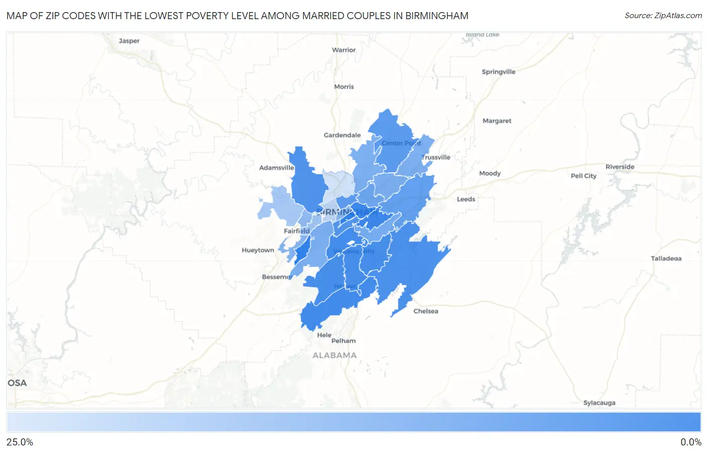 Zip Codes with the Lowest Poverty Level Among Married Couples in Birmingham Map