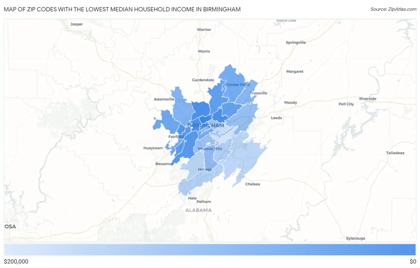 Zip Codes with the Lowest Median Household Income in Birmingham Map