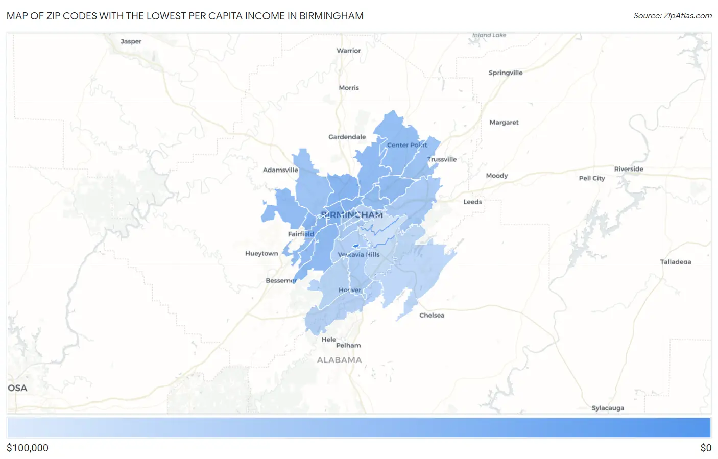 Zip Codes with the Lowest Per Capita Income in Birmingham Map