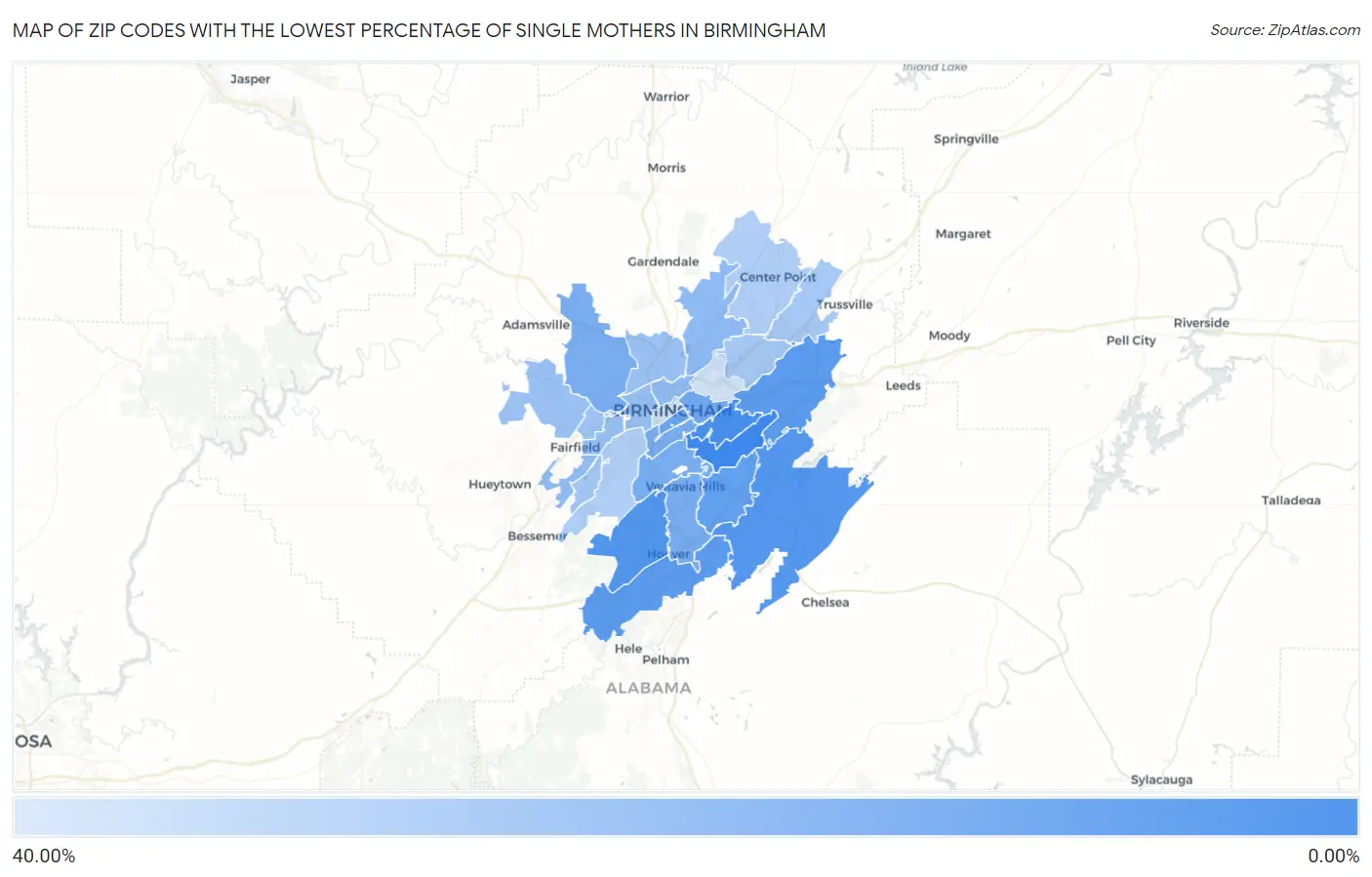 Zip Codes with the Lowest Percentage of Single Mothers in Birmingham Map