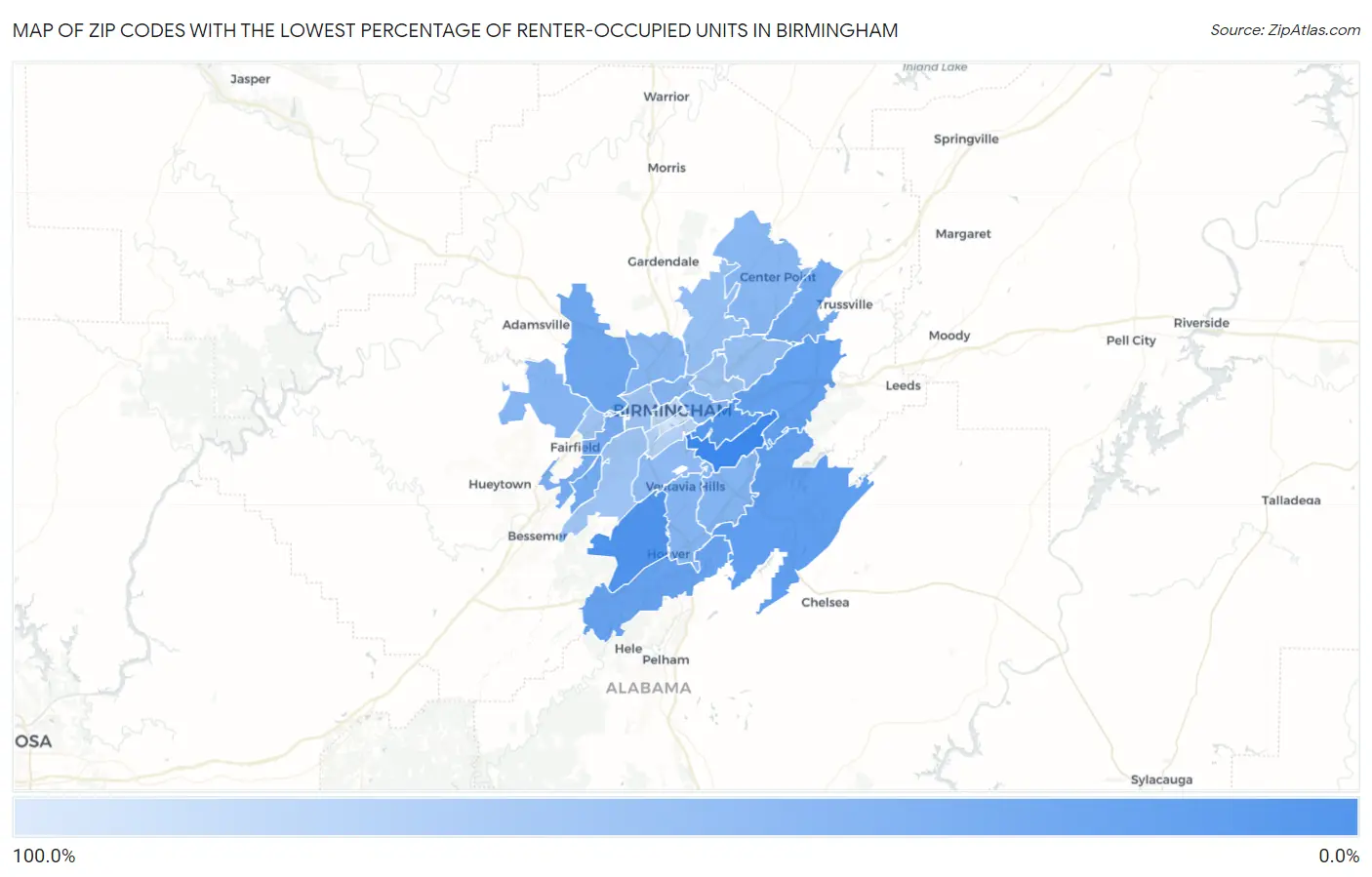Zip Codes with the Lowest Percentage of Renter-Occupied Units in Birmingham Map