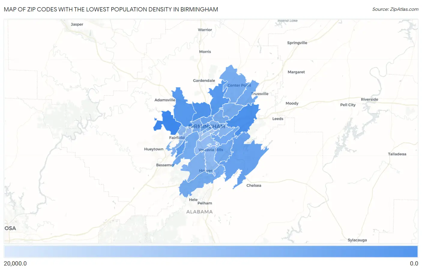 Zip Codes with the Lowest Population Density in Birmingham Map