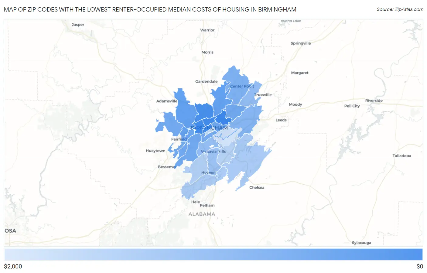 Zip Codes with the Lowest Renter-Occupied Median Costs of Housing in Birmingham Map