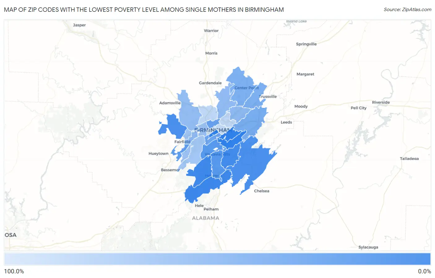 Zip Codes with the Lowest Poverty Level Among Single Mothers in Birmingham Map