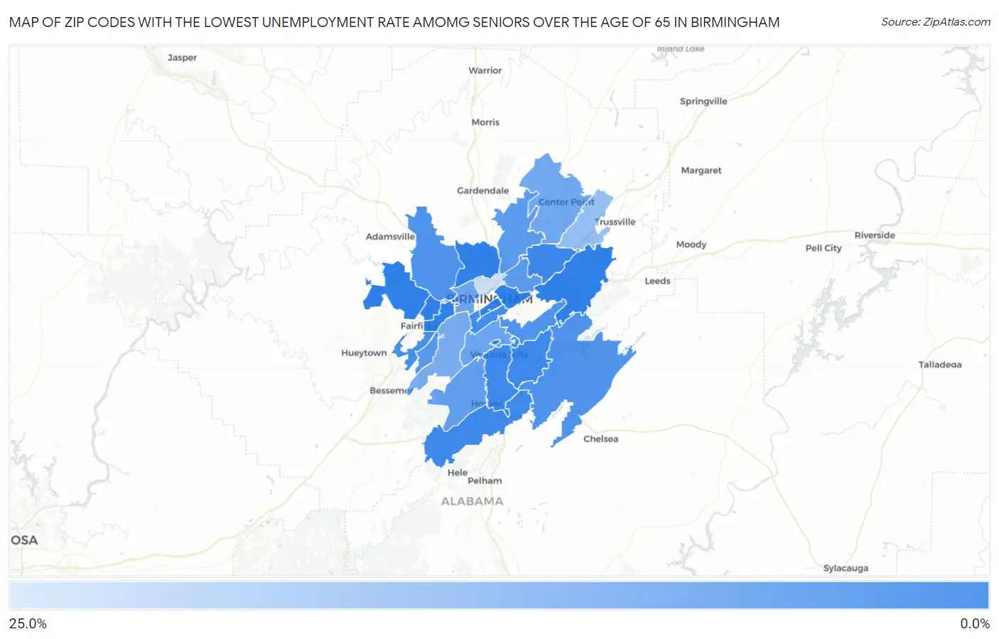 Zip Codes with the Lowest Unemployment Rate Amomg Seniors Over the Age of 65 in Birmingham Map