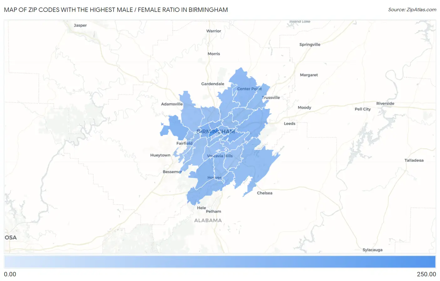 Zip Codes with the Highest Male / Female Ratio in Birmingham Map